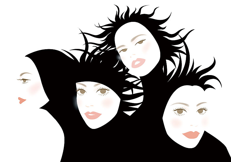 ファッションイラスト モノクロトーン、黒いコスチュームの4人の女性