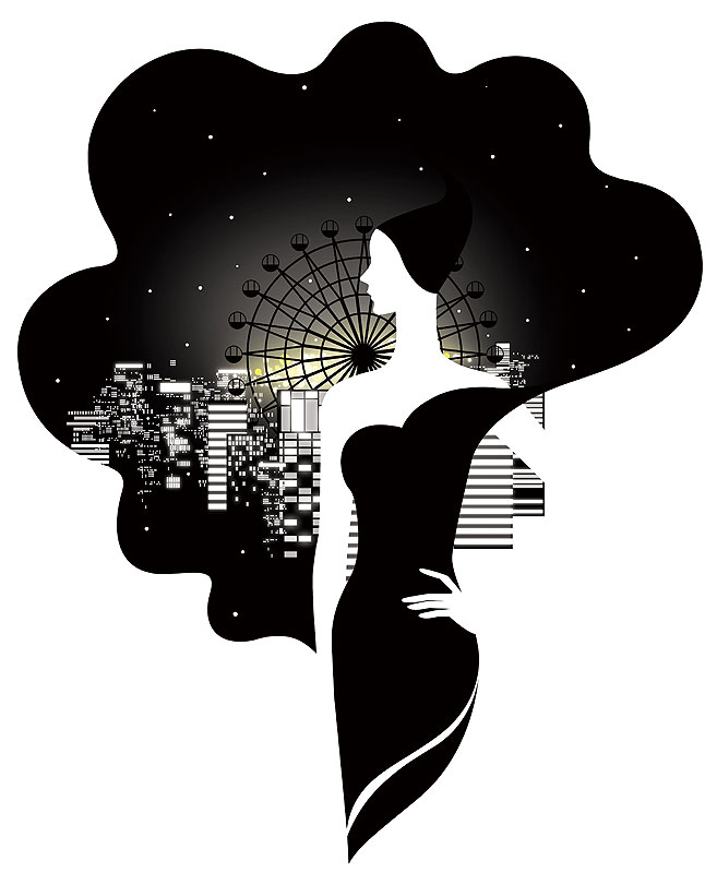 ファッションイラスト 観覧車とビルの夜景に白いシルエットの女性