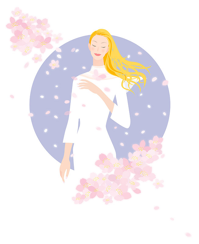 春のファッションイラスト　桜の花と花びらと長い髪の女性