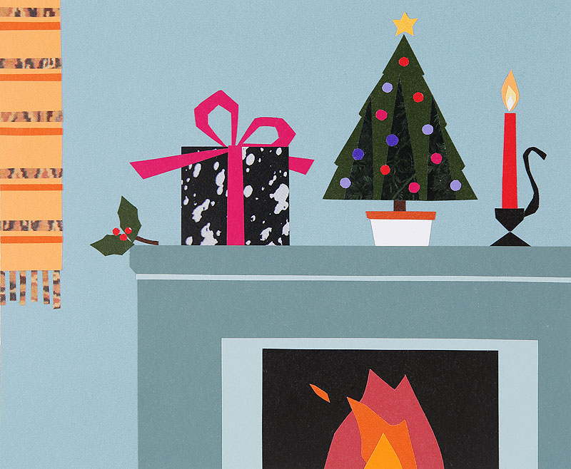 クリスマスイラスト　暖炉とツリーとクリスマスプレゼント