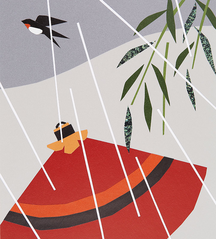 梅雨イラスト・柳の下に赤い蛇の目傘とつばめ