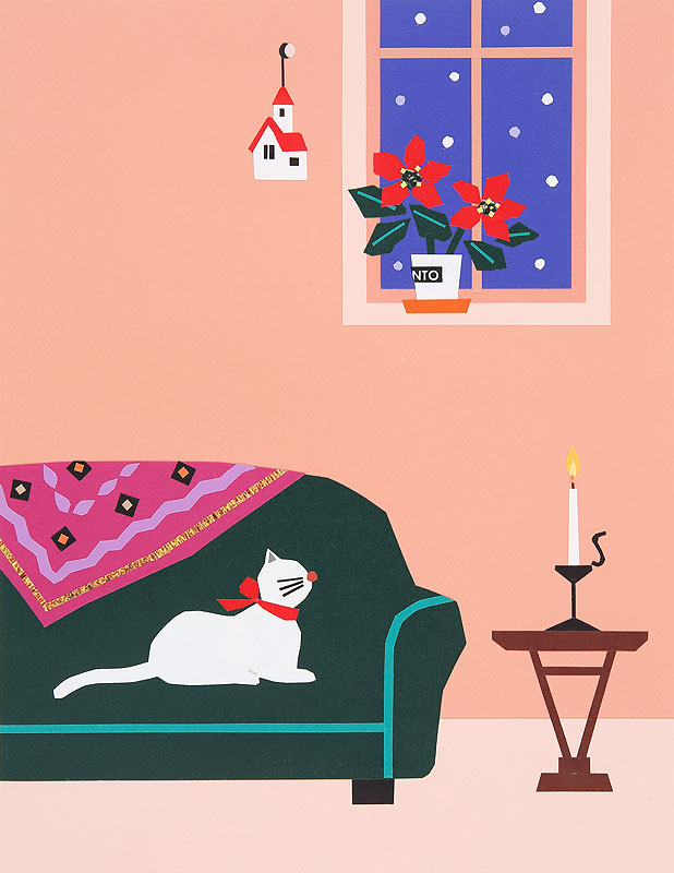 冬の室内風景イラスト　ソファーとポインセチアの花がある部屋