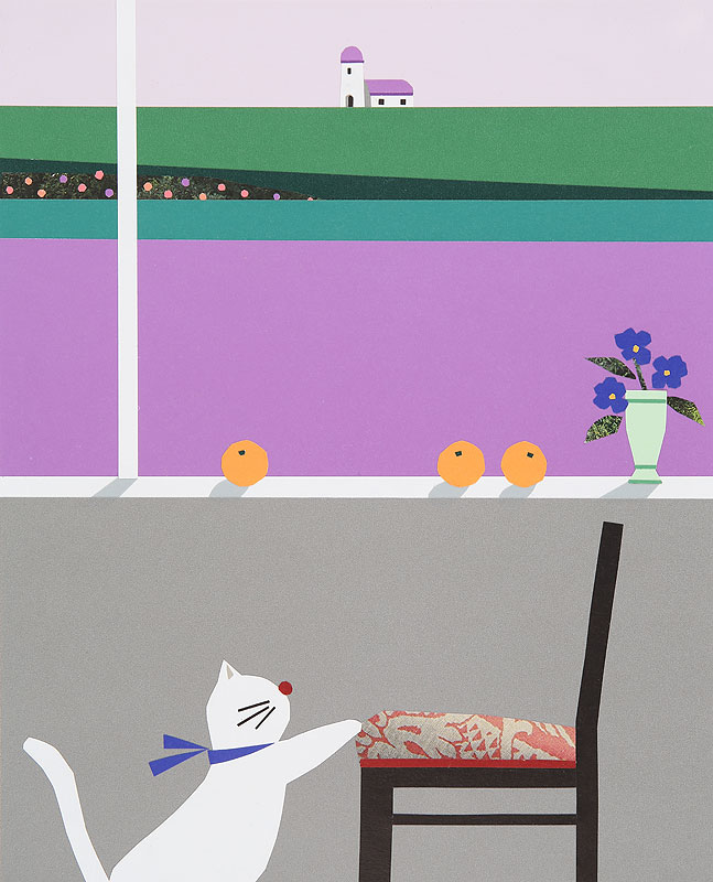 窓辺の風景イラスト 椅子で遊ぶ猫と花畑