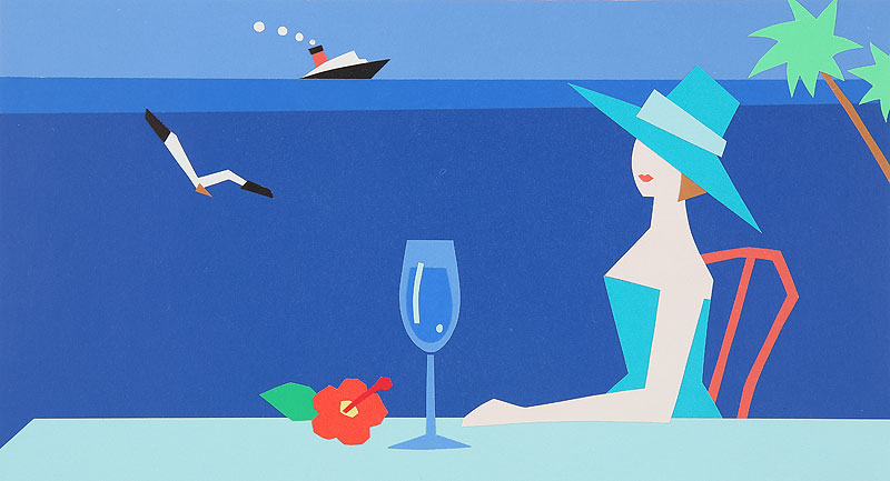 夏の海イラスト 海辺でカクテルを飲む女性