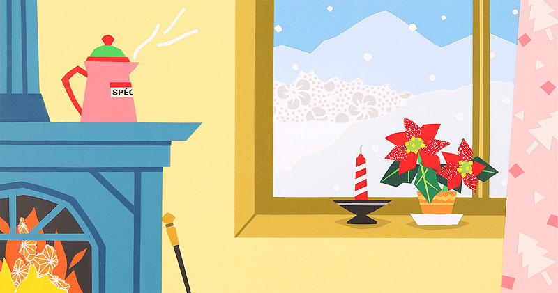 クリスマスイラスト　暖炉のある部屋とポインセチアの花