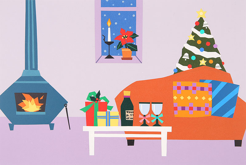 クリスマスイラスト 暖炉のある部屋でクリスマスパーティー