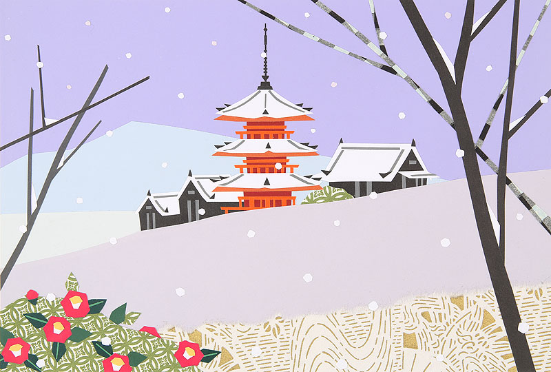 日本の冬イラスト 雪山に三重塔と椿の花