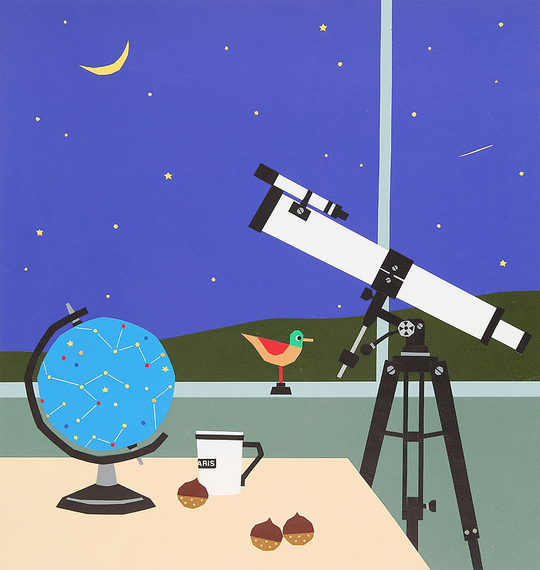 天体観測イラスト 望遠鏡と天球儀がある部屋
