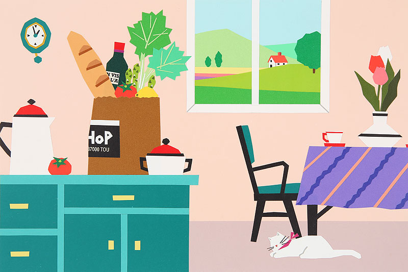室内風景イラスト キッチンに並ぶ食材と窓辺の風景