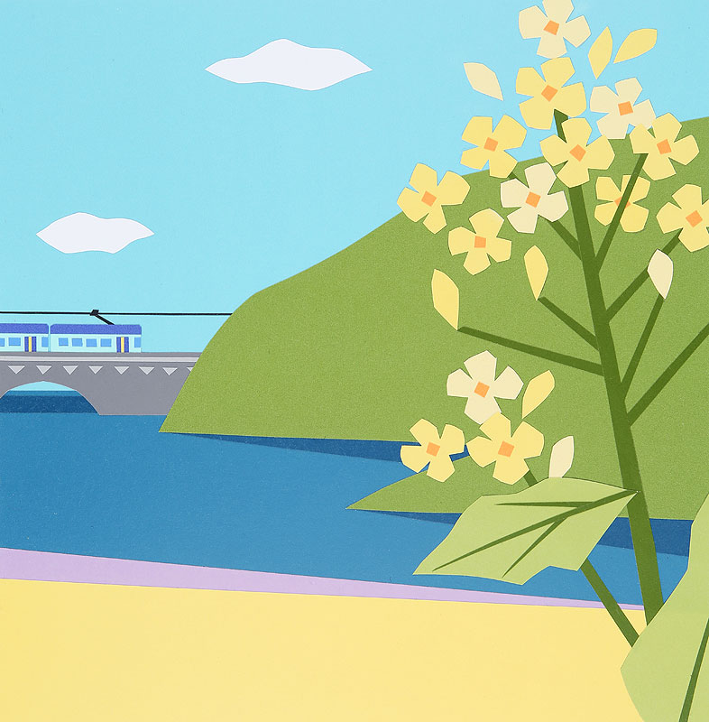 春の風景イラスト 菜の花畑と電車