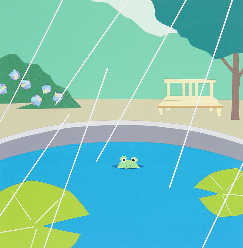 梅雨 雨の日イラスト 雨降る公園の池とカエル