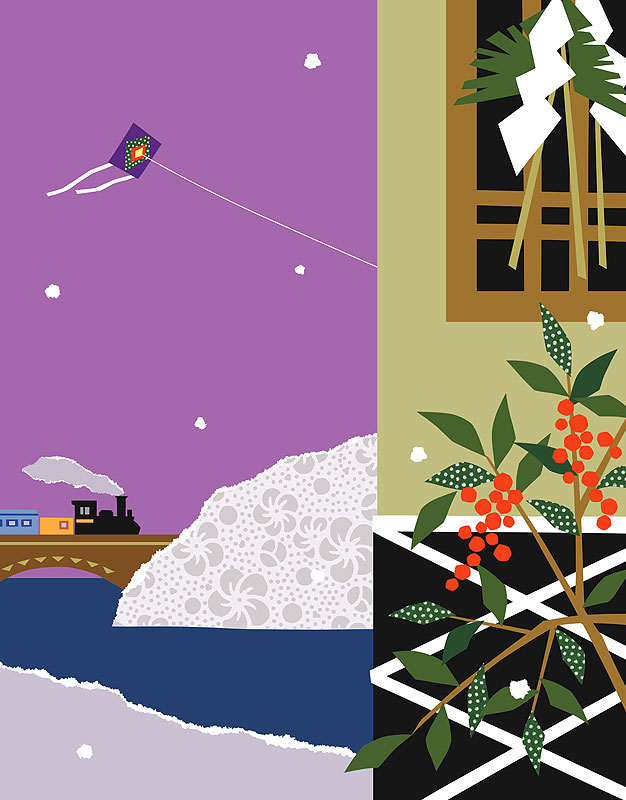 お正月イラスト　日本家屋のしめ飾りと南天の実