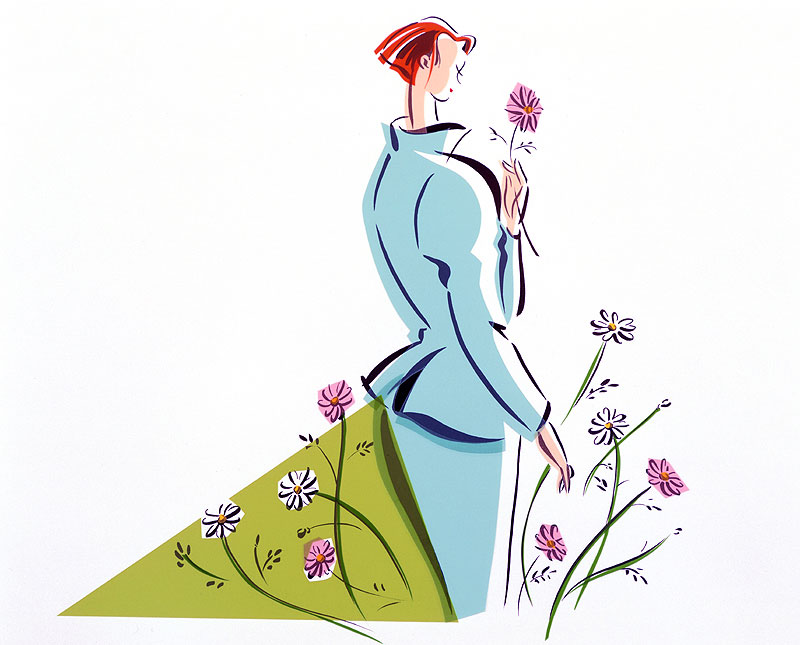 女性イラスト 背中を向けスーツ姿で花を持つ女性