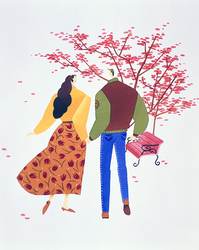 カップルイラスト 紅葉の木に向かって手をつなぎ歩く男女