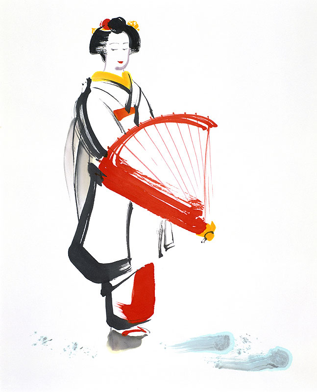 舞妓さんイラスト 筆描き 祇園 白川 赤い蛇の目傘