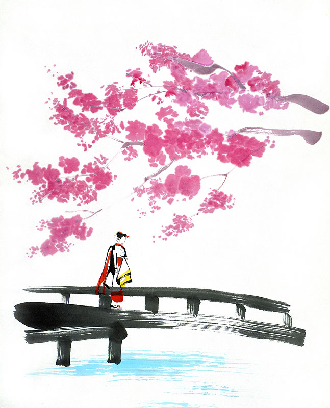和風 人物イラスト 桜を背に橋の上から河を見る着物の