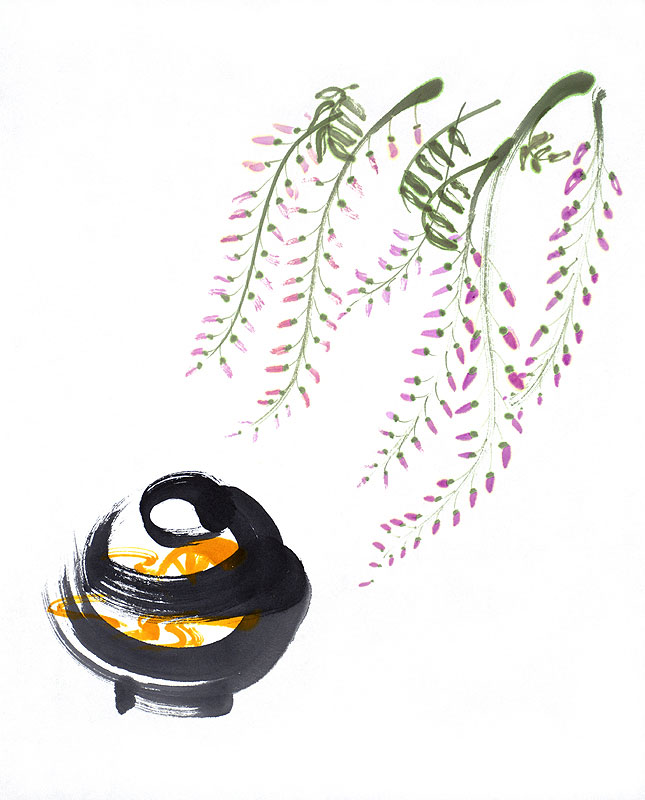 和風手描き水彩春イラスト：藤の花と漆塗りの蓋つき椀