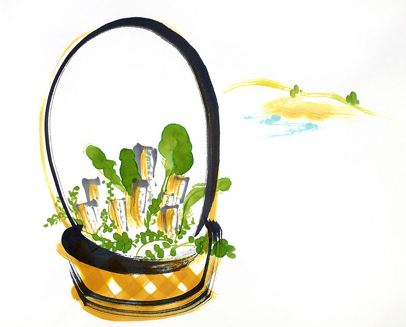 手描き和風水彩イラスト：手提げの籠にはいった七草