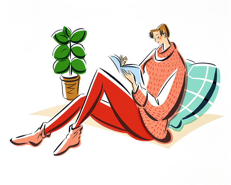 座って読書を楽しむおしゃれな女性の手描きイラスト