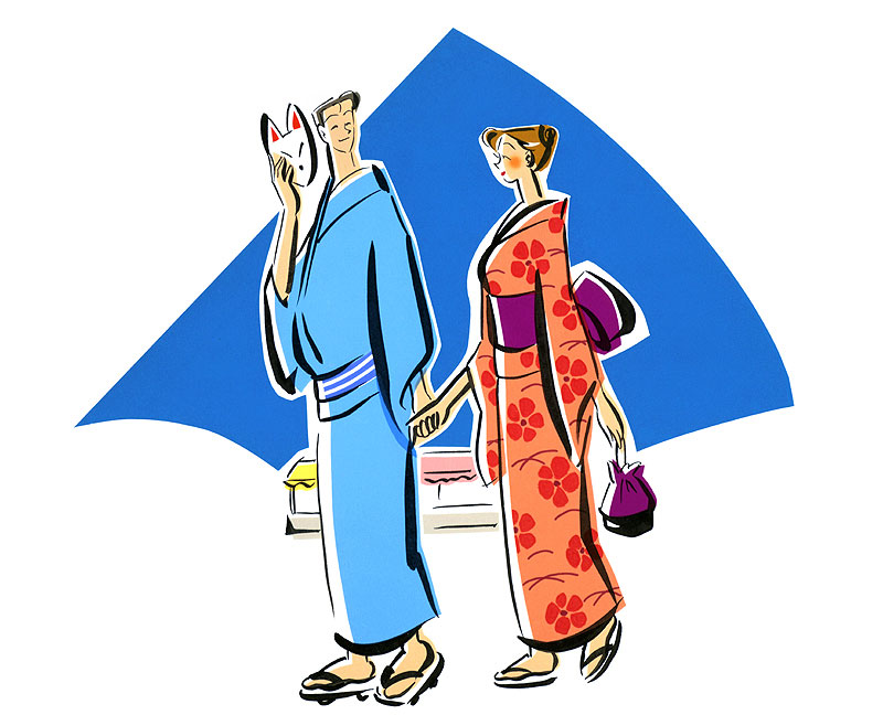 花火大会イラスト 夏祭りで手をつなぎ歩く浴衣姿の男女