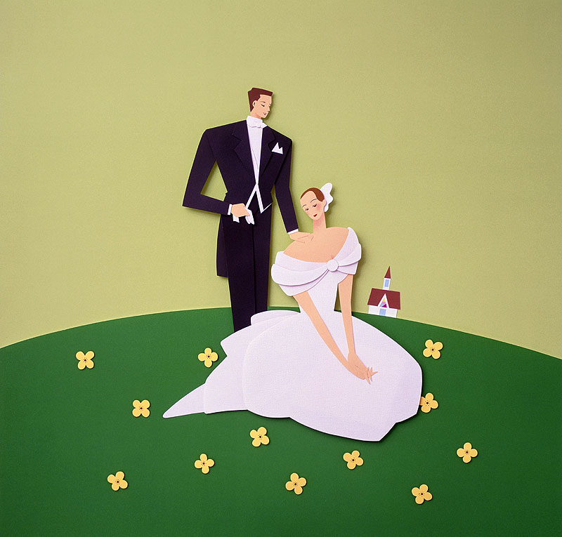 結婚式・ブライダルイラスト　黄色の花畑に座るウェディングの花婿花嫁
