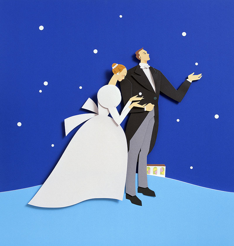結婚式・ブライダルイラスト　雪に手をかざすウェディングの新郎新婦