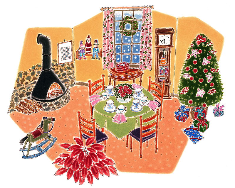クリスマスイラスト・ツリーと暖炉のある部屋