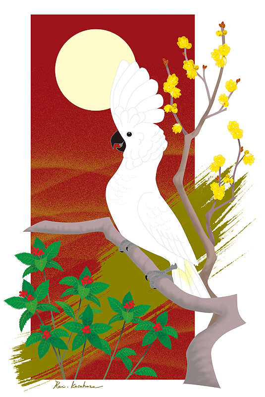 四季の花鳥風月カレンダーイラスト 新春の花と鳥 オウム鳥と蝋梅の