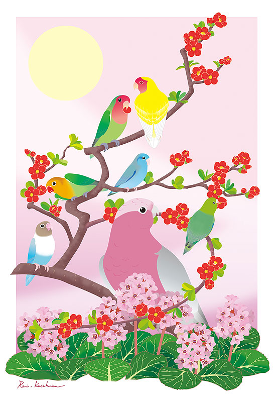 四季の花鳥風月カレンダーイラスト 春の花と鳥 木瓜の花が咲く枝