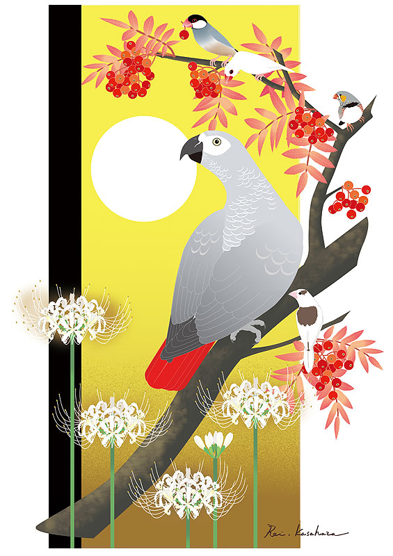 四季の花鳥風月カレンダーイラスト 秋の花と鳥 満月の夜のヨウム