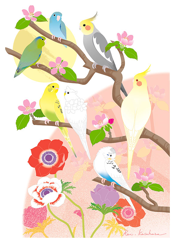四季の花鳥風月カレンダーイラスト 春の花と鳥 花梨の木にとまる小鳥インコ