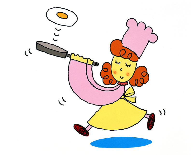 料理イラスト エプロン姿にコック帽のフライパンで目玉焼きを作る女性