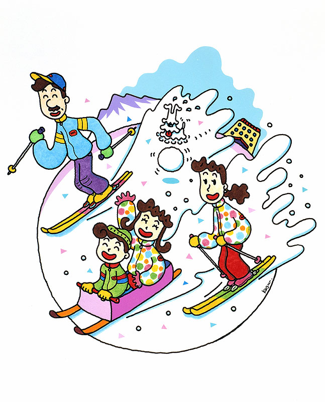 スキーイラスト 家族でスキーやそり遊びを楽しむ休日
