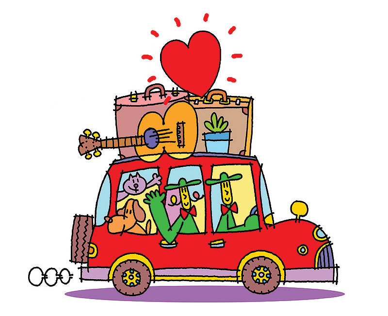家族旅行イラスト　赤い車に家族のハートを乗せてお出かけ。