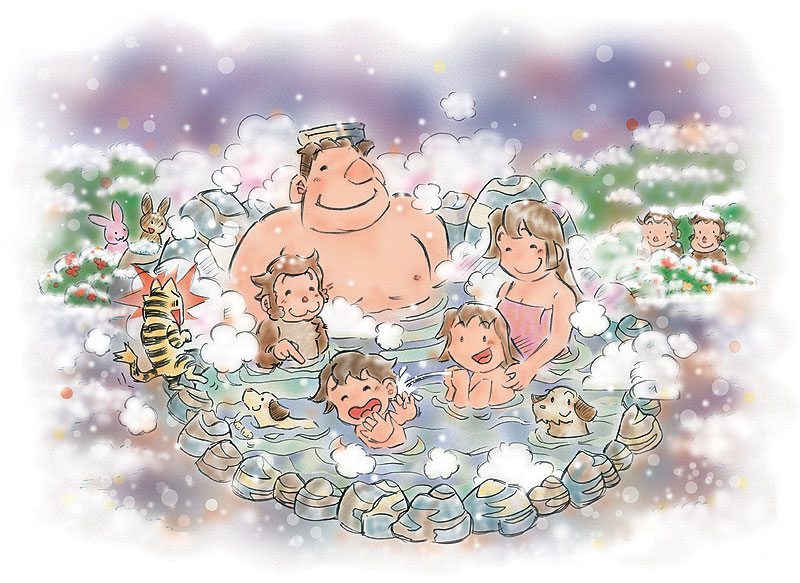 ファミリーイラスト 家族と動物と冬の露天風呂 雪景色