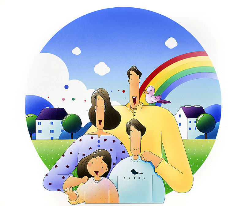 虹と家族のイラスト・丘の上の一軒家マイホームと仲良し家族イラスト