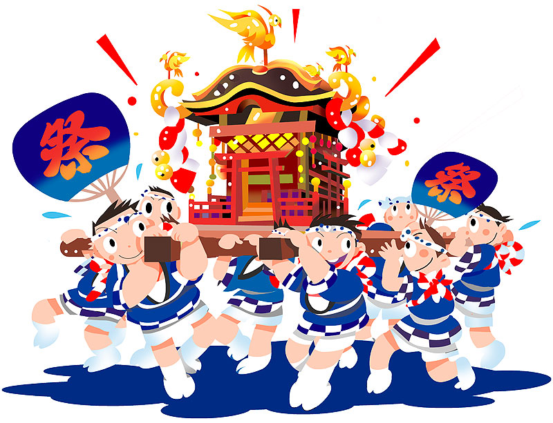 祭・お神輿イラスト お祭りで神輿を担ぐ男性