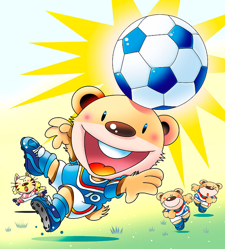 サッカーをする動物イラスト サッカーボールをヘディングする熊