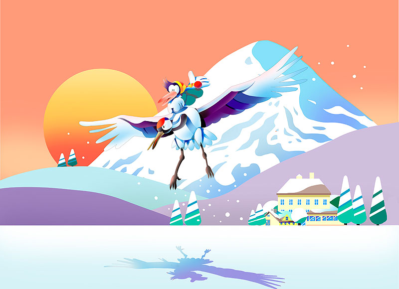 日の出の雪山 鶴に乗って飛ぶ鳥イラスト