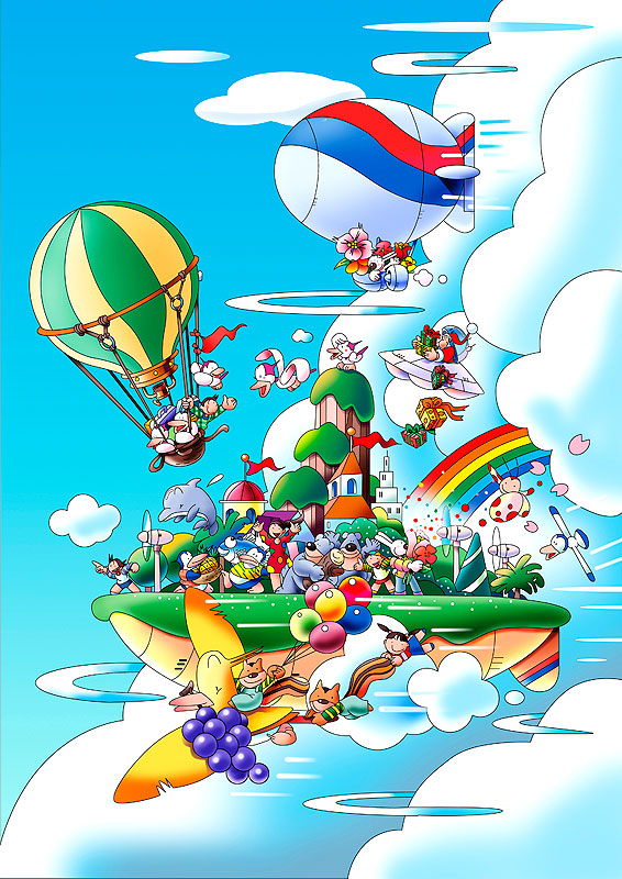 空飛ぶ町イラスト 空飛ぶ街並みと気球と飛行船