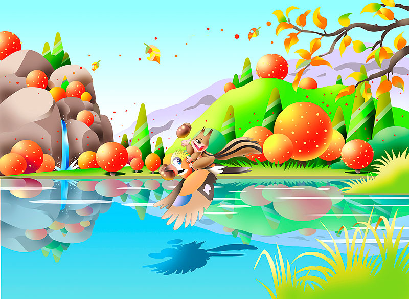 秋の動物イラスト 紅葉する山の風景と動物