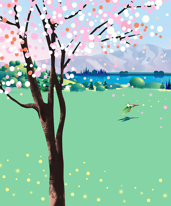 桜の木と鳥 春の風景イラスト