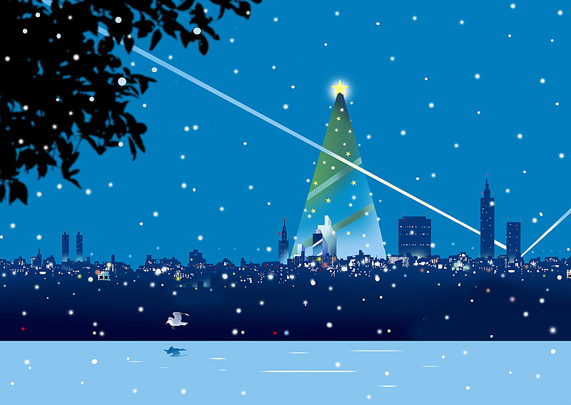 クリスマスイラスト 都会の夜景の町並みとクリスマスツリー