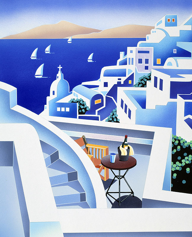 町並みイラスト ギリシャの街並み青と白のコントラスト