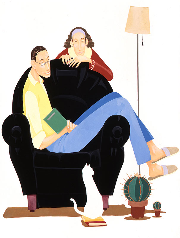 ファミリーイラスト 黒いソファに座った男性と女性と猫