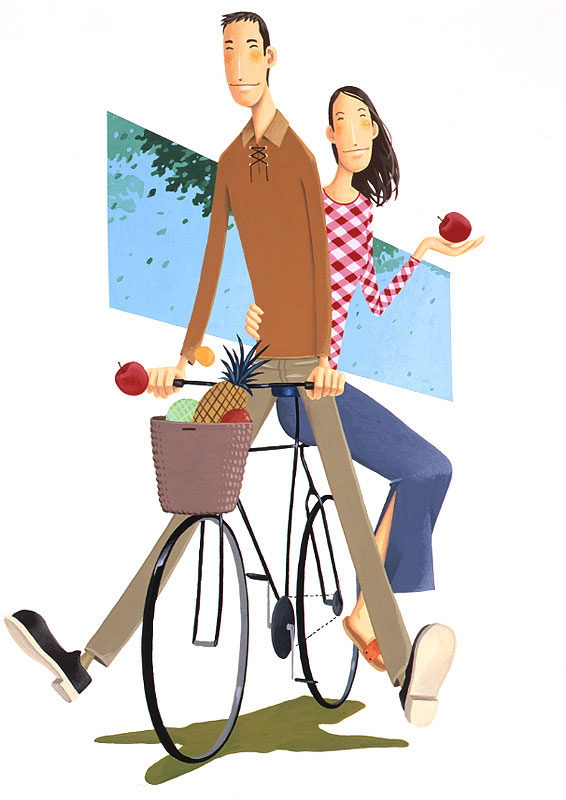 カップルイラスト 自転車で二人乗りをする男女