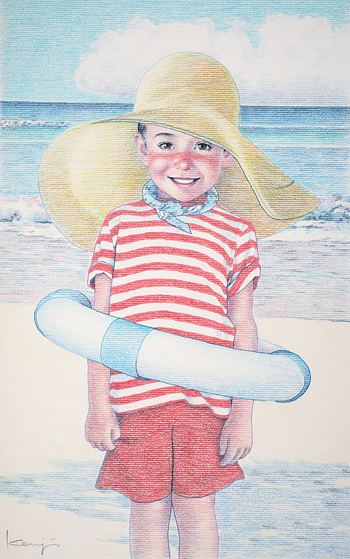 夏の海辺の少年イラスト　海辺で麦藁帽と浮き輪を身に着けた少年イラスト