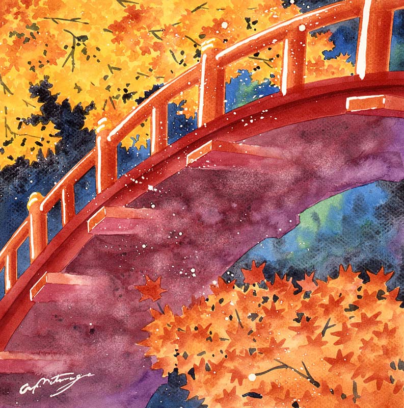 風景イラスト 紅葉と赤い橋