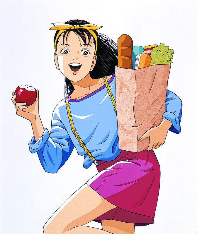 女性イラスト リンゴと買い物袋を持った女性