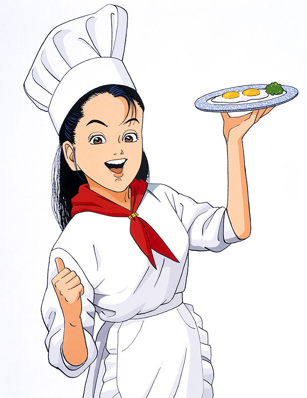 女性イラスト 目玉焼きを皿に乗せたシェフ姿の女性